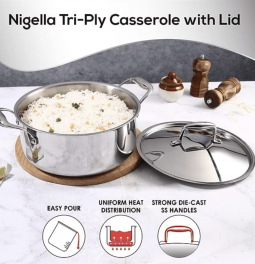 Wonderchef Nigella Tri-ply Stainless Steel 24 cm Casserole | 4.8 litres | 2.6mm Thickness | Induction Base | Compatible with All cooktops | Riveted Cool-Touch Handle | 10 Year Warranty - Image 2